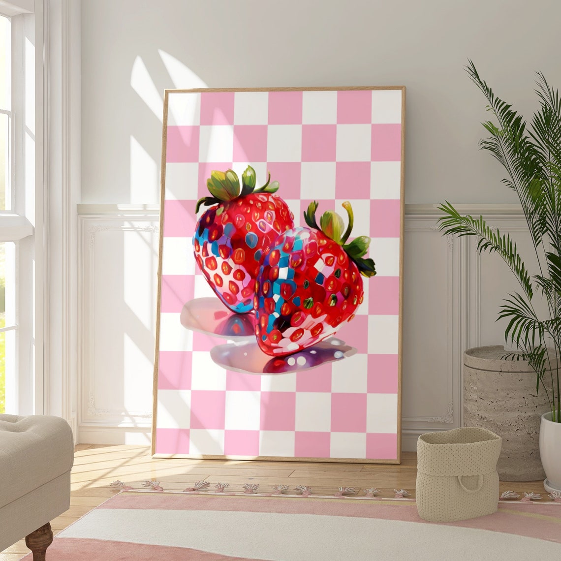 Disco Strawberries Pink Checkered Pop Art Fruit Poster Bold Wall Decor - Image 3
