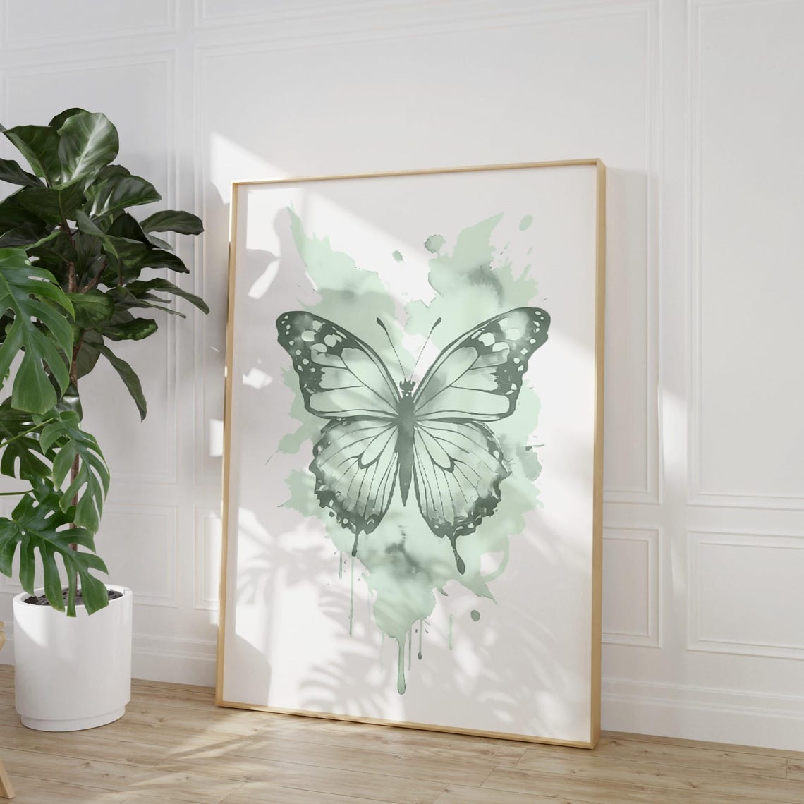 Sage Green Watercolor Butterfly Splash Neutral Nature Room Poster - Image 3