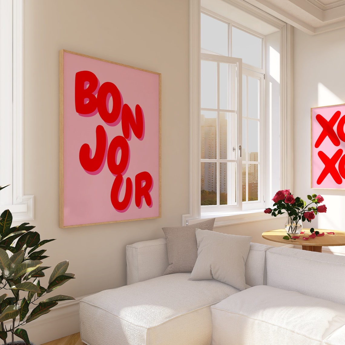 Bonjour Red Bubble Letter French Phrase Pink Retro Trendy Poster - Image 4