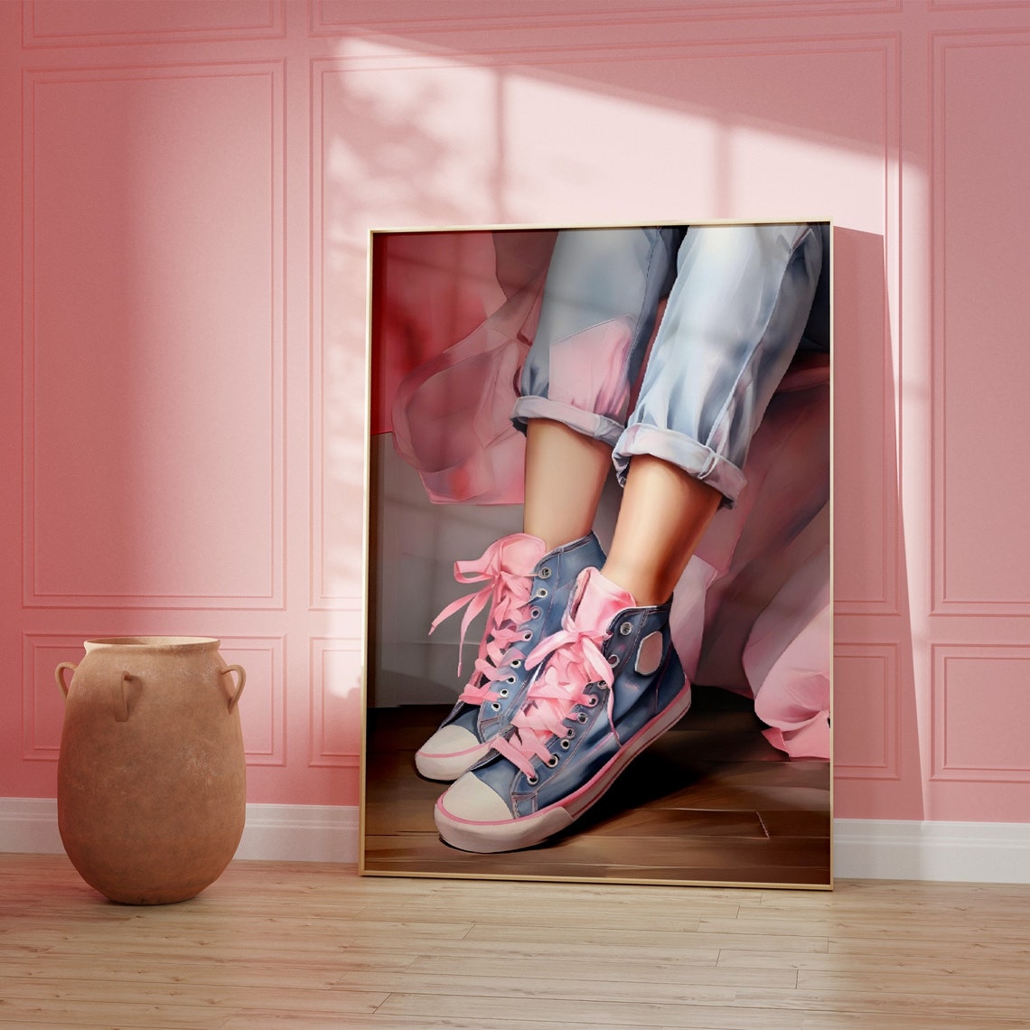 Denim Sneaker Pink Blue High Top Shoes Retro Fashion Cool Poster - Image 2
