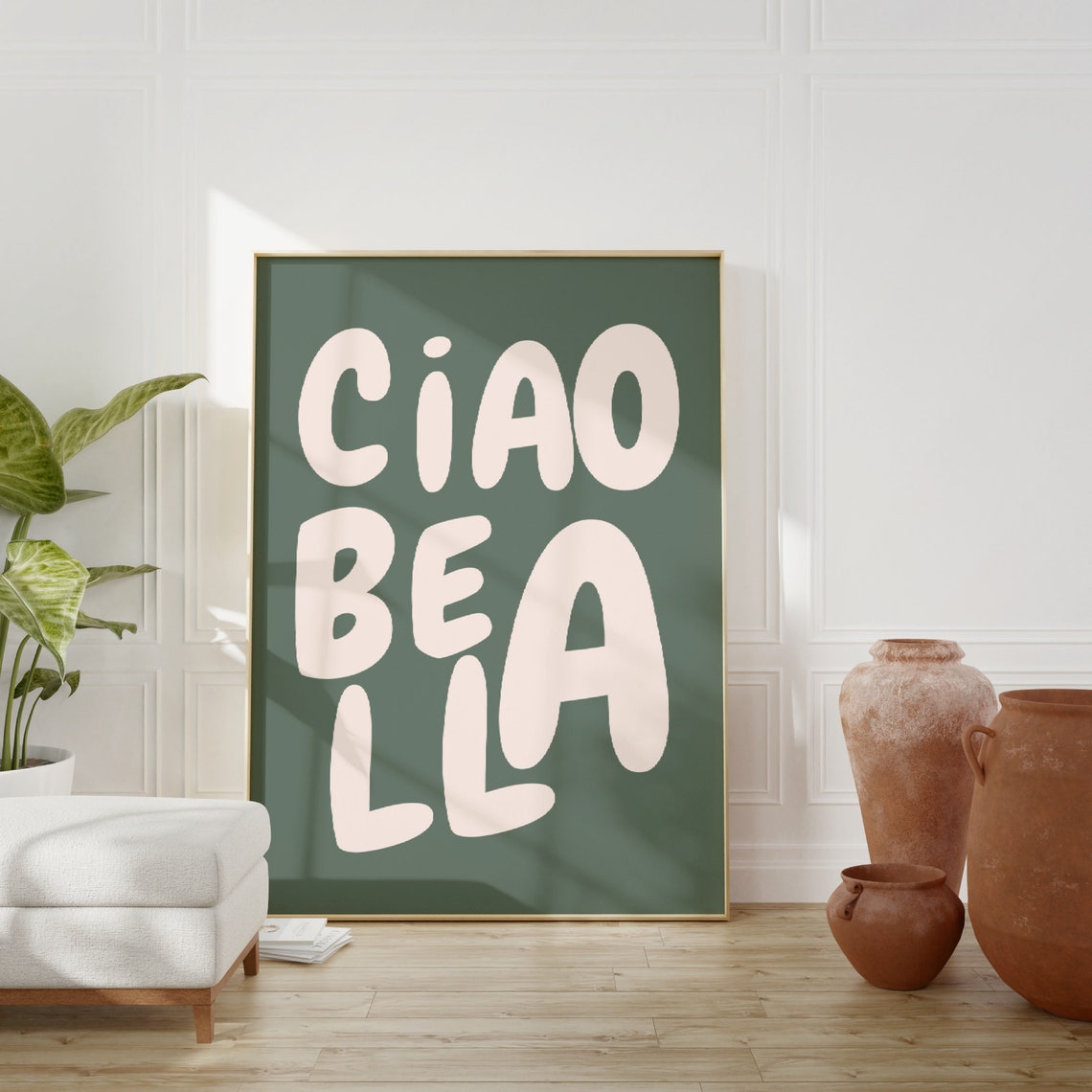 Ciao Bella Italian Quote Sage Green Cream Retro Typography Poster - Image 3