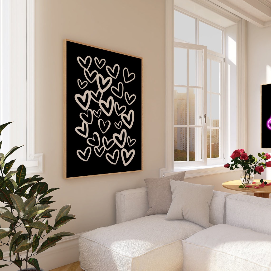 White Hearts Black Background Poster Minimalist Love Doodle Room Decor - Image 3