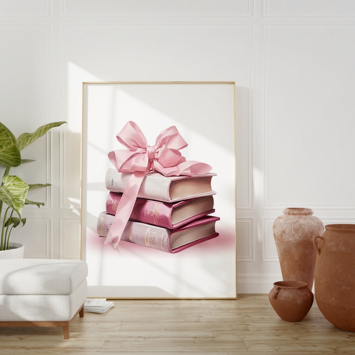 Pink Book Stack with Satin Bow Cute Bookworm Gift Art Poster - Image 3