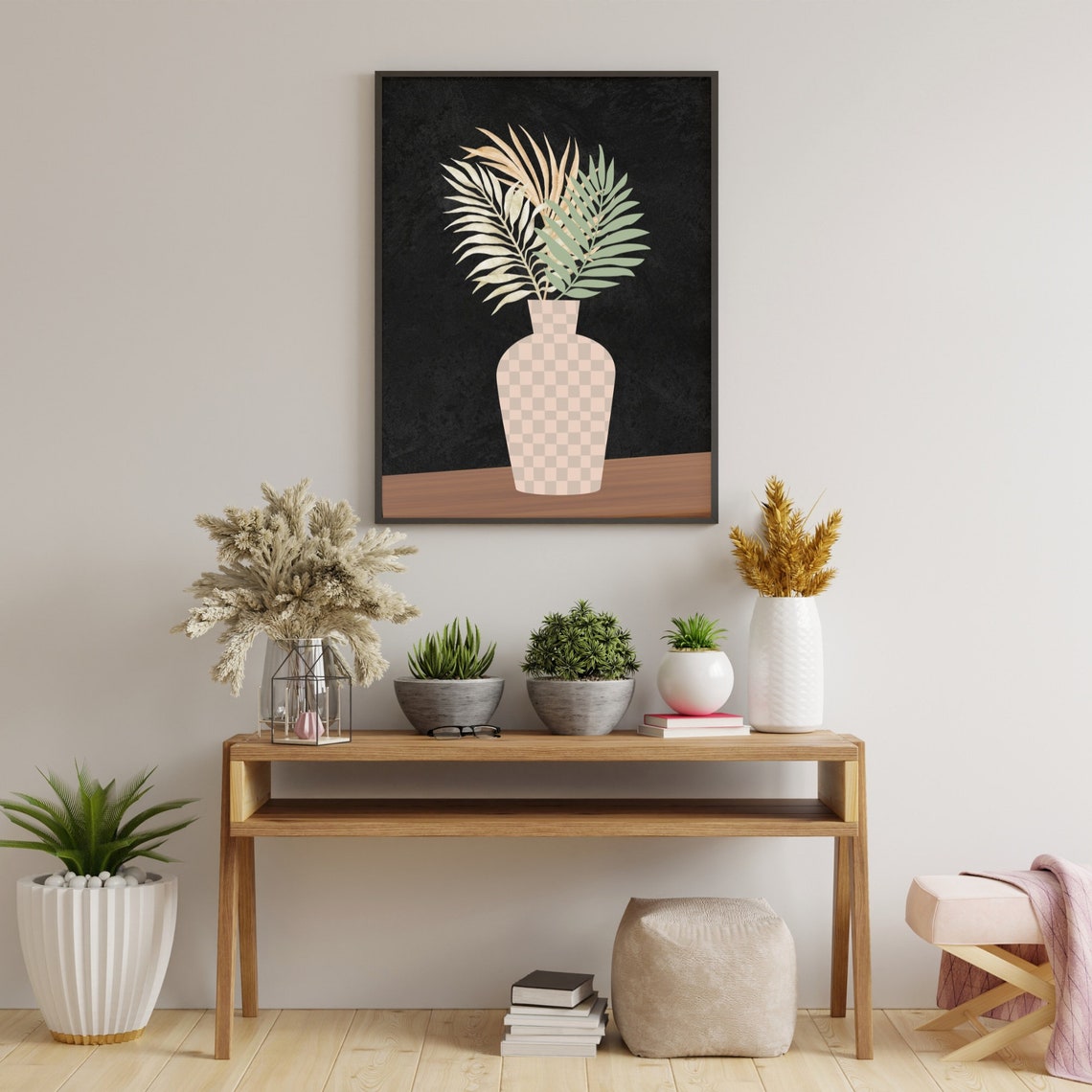 Checkered Vase Palm Leaves Scandi Modern Botanical Statement Poster - Image 3