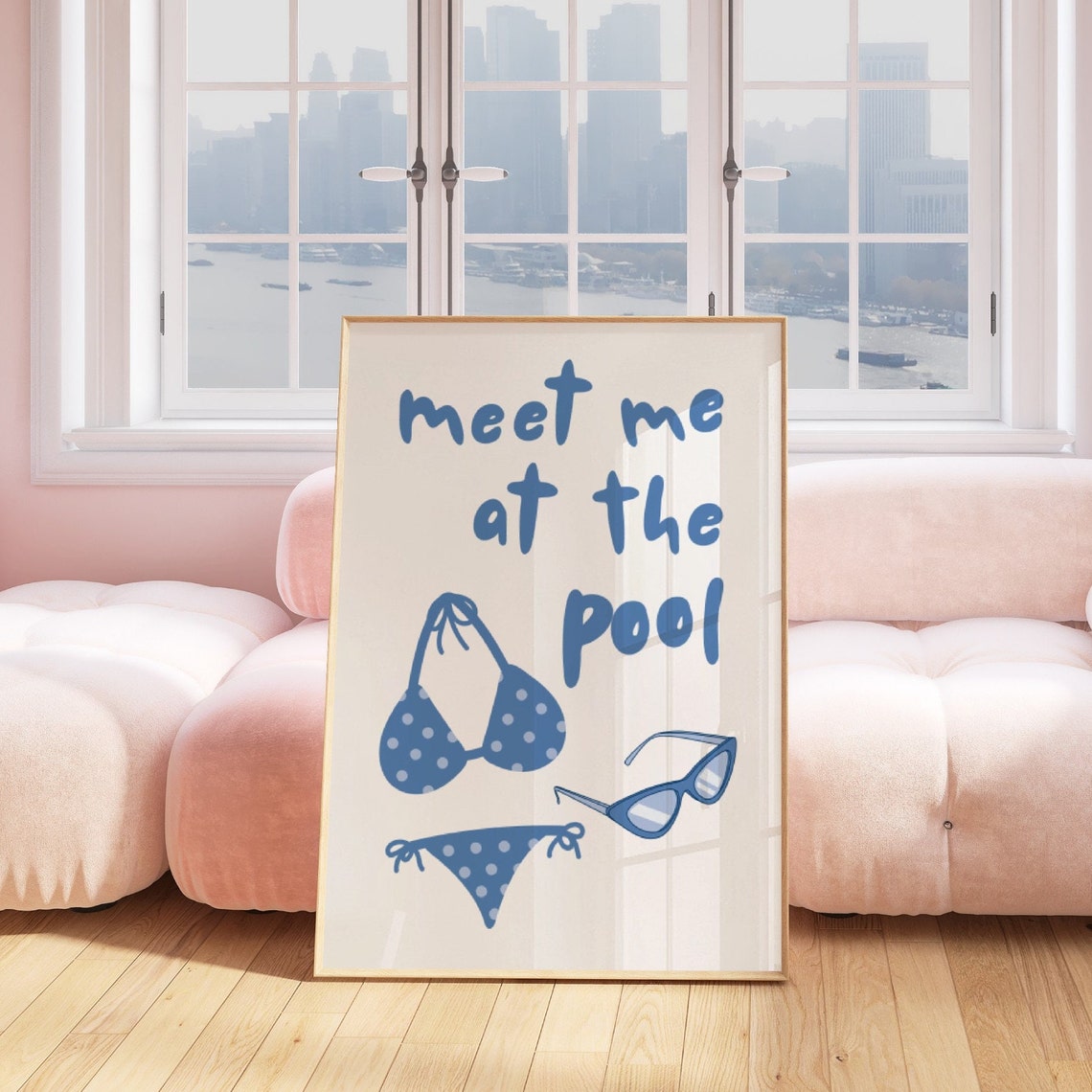 Meet Me at the Pool Blue Bikini Sunglasses Beach House Summer Poster - Image 3
