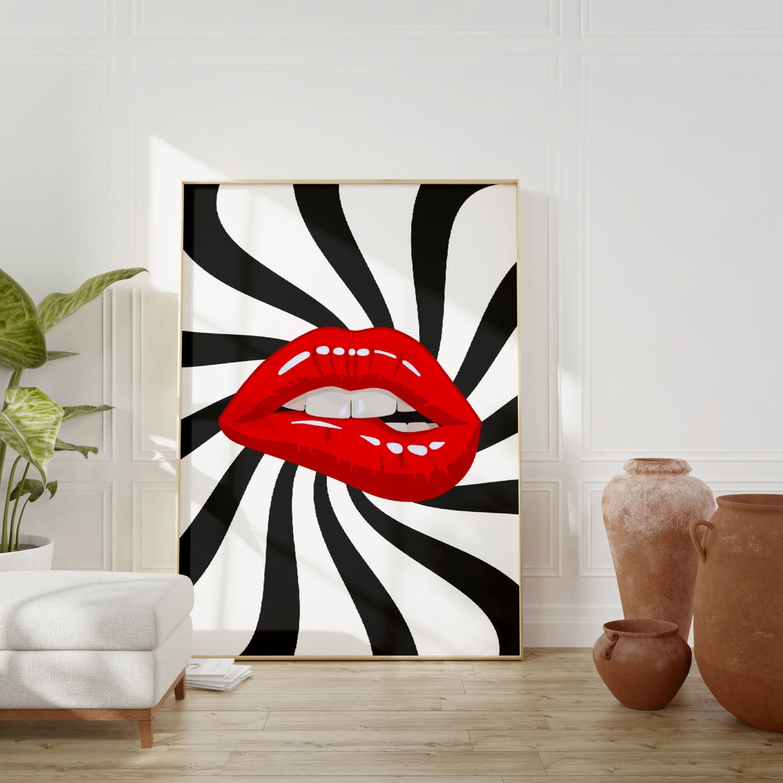 Red Lips Pop Art Poster Black White Swirl Psychedelic Wall Decor Piece - Image 3
