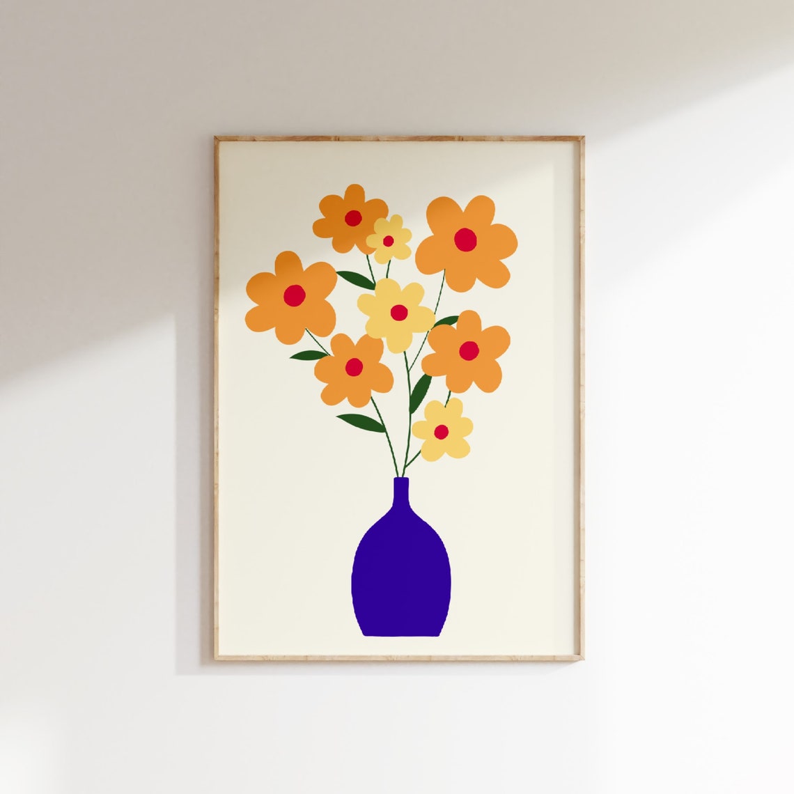 Orange Daisy Bouquet Minimalist Poster Blue Vase Retro Floral Art