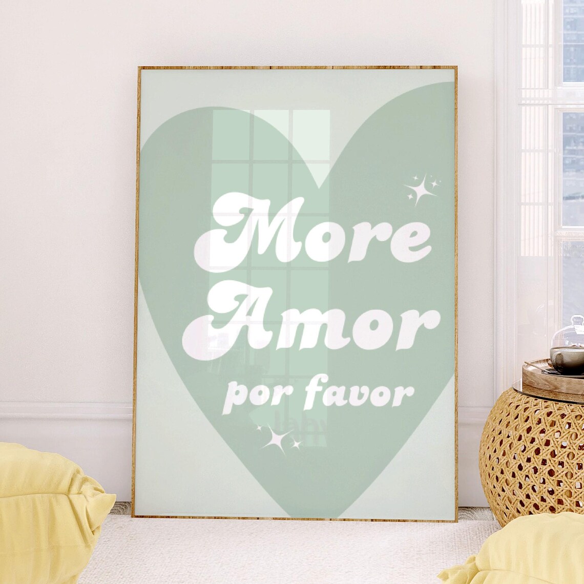 Sweet More Amor Por Favor Sage Green Heart Typography Poster