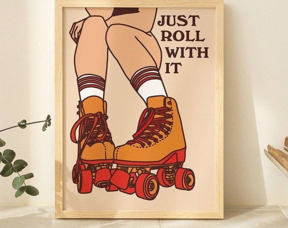 Framed Retro Roller Skates 80s Wall Print Groovy 70s Wall Decor Trendy Poster Print Positive Quote White Black Natural Wooden Frame