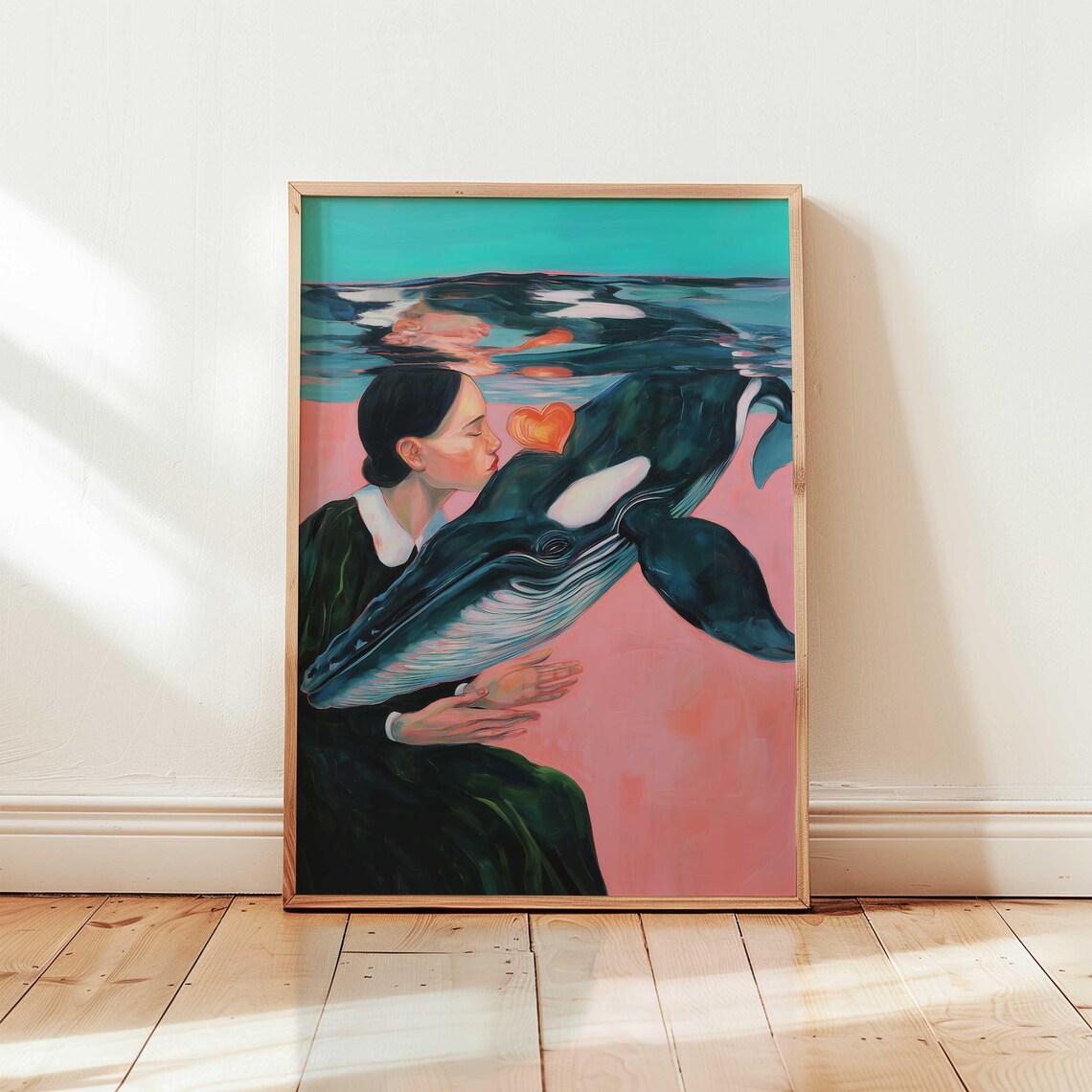 Girl Embracing Whale Underwater Dreamy Pastel Surreal Art Poster