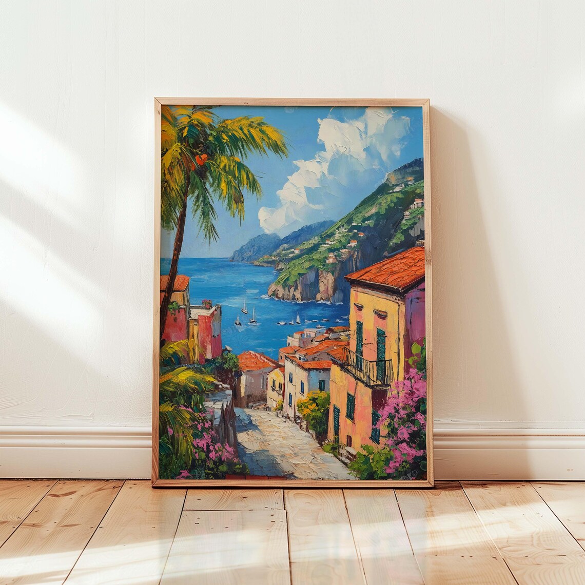 Amalfi Coast Harbor Village Sailboats Coastal Painting Poster