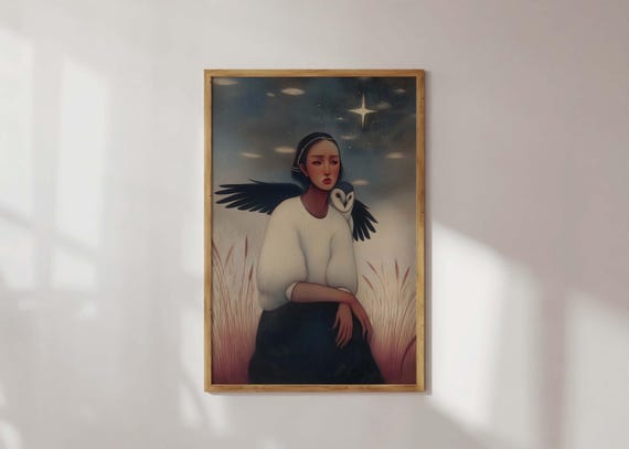 Owl And Girl Wall Art Whimsical Print Dreamcore Surreal Symbolic Soft Fantasy Portrait Celestial Room Decor