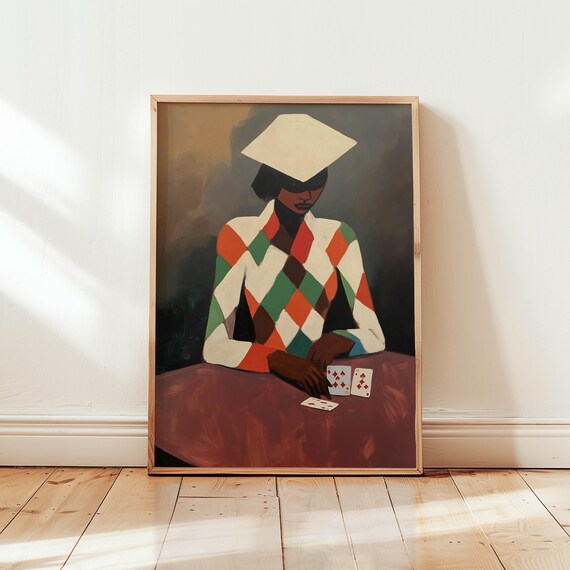 Geometric Harlequin Card Player Portrait Bold Modern Abstract Figurative Poster