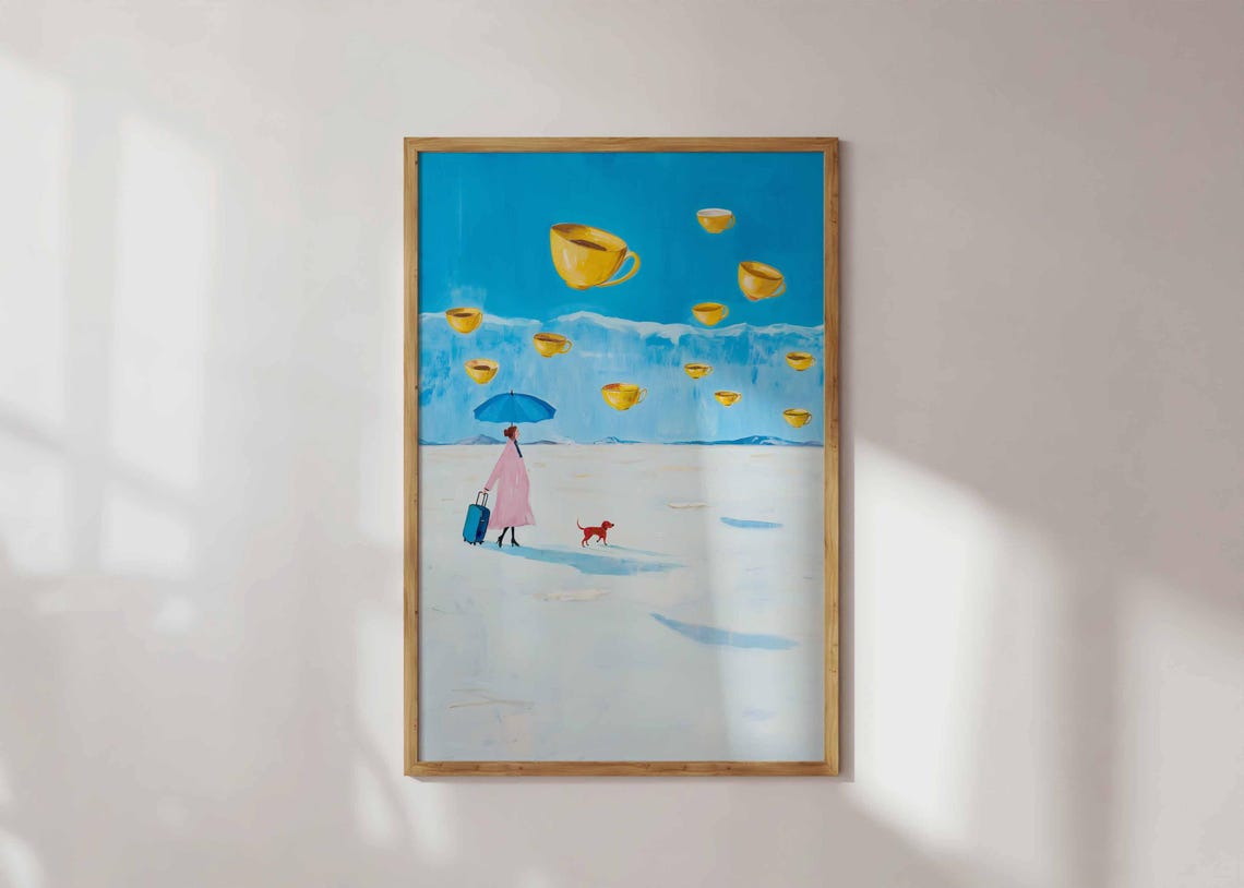 Surreal Floating Teacups Winter Landscape Whimsy Artwork Poster