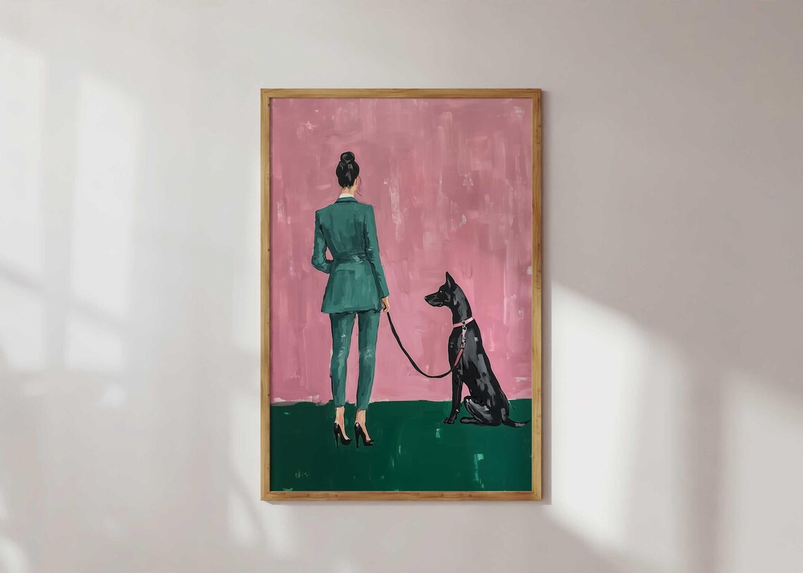 Elegant Woman Walking Dog Modern Pink and Green Fashion Art Poster