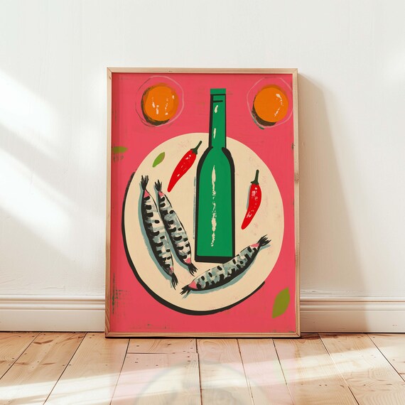 Maximalist Kitchen Art Print Bold Still Life With Wine Bottle Sardines Peppers And Oranges Vibrant Wall For Dining Room Decor
