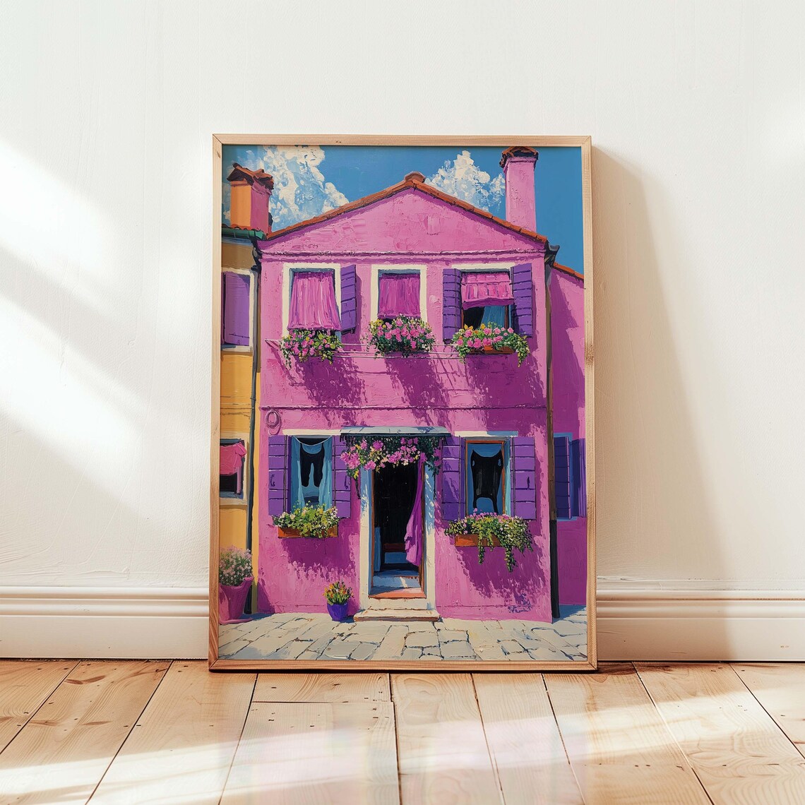 Burano Italy Vibrant Pink House with Flower Windows Travel Art Poster