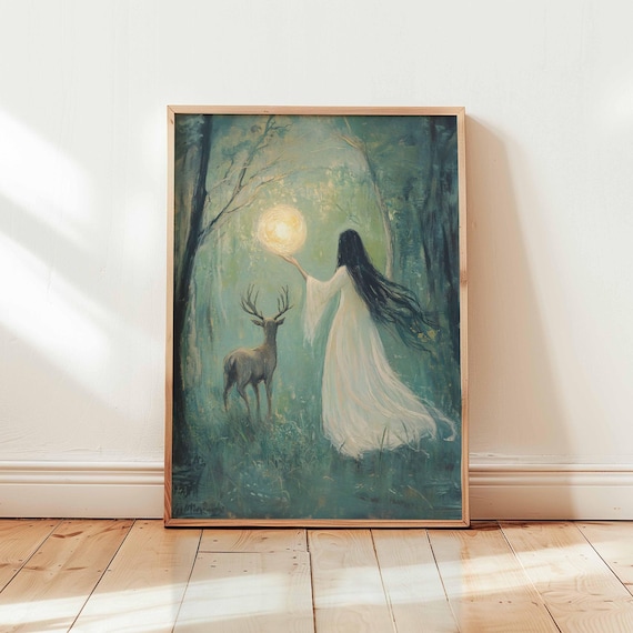 Deer And Woman Wall Art Rustic Nature Stag Poster Ethereal Scene Boho Cabin Witchy