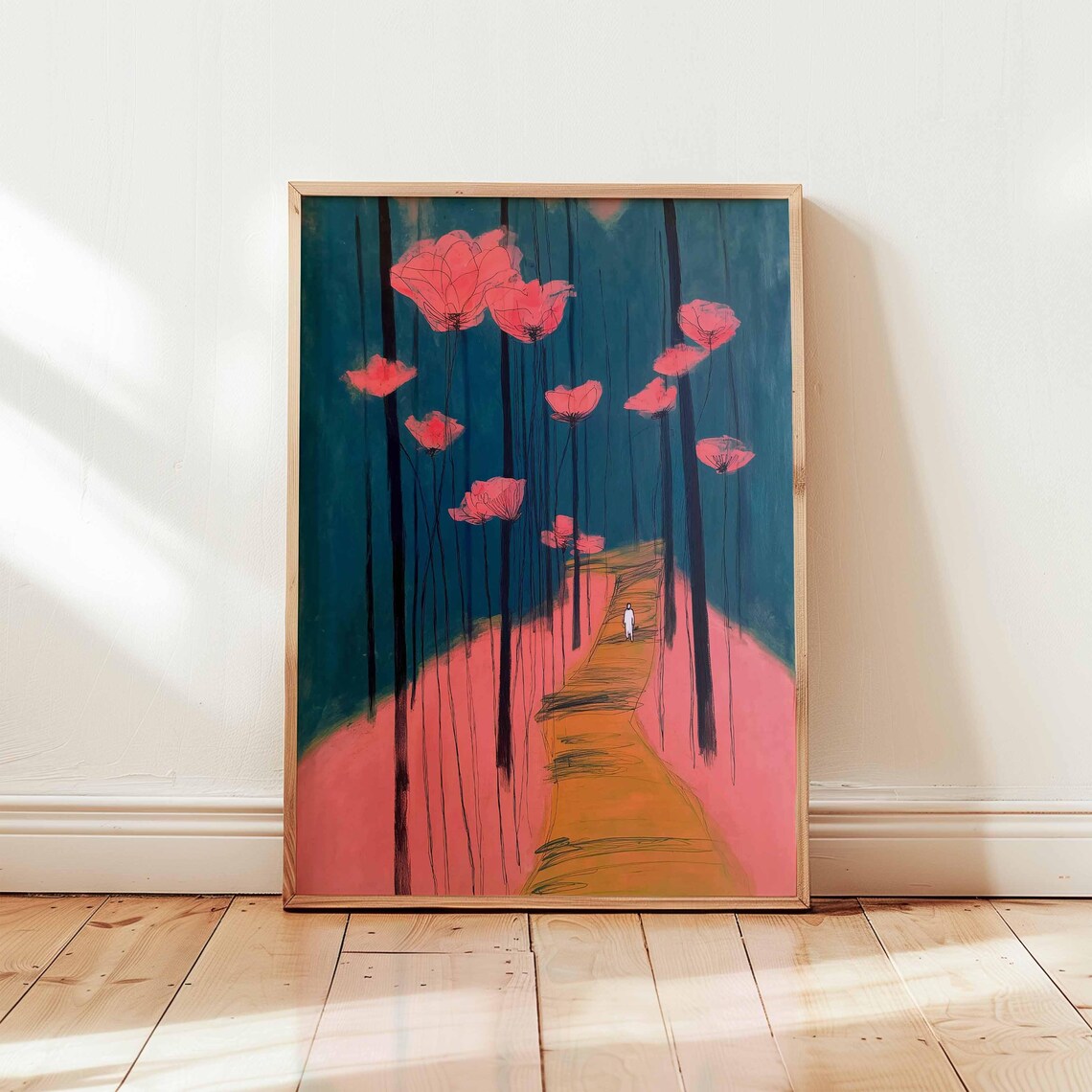 Pink Poppies Dark Forest Path Dreamy Surrealist Floral Poster