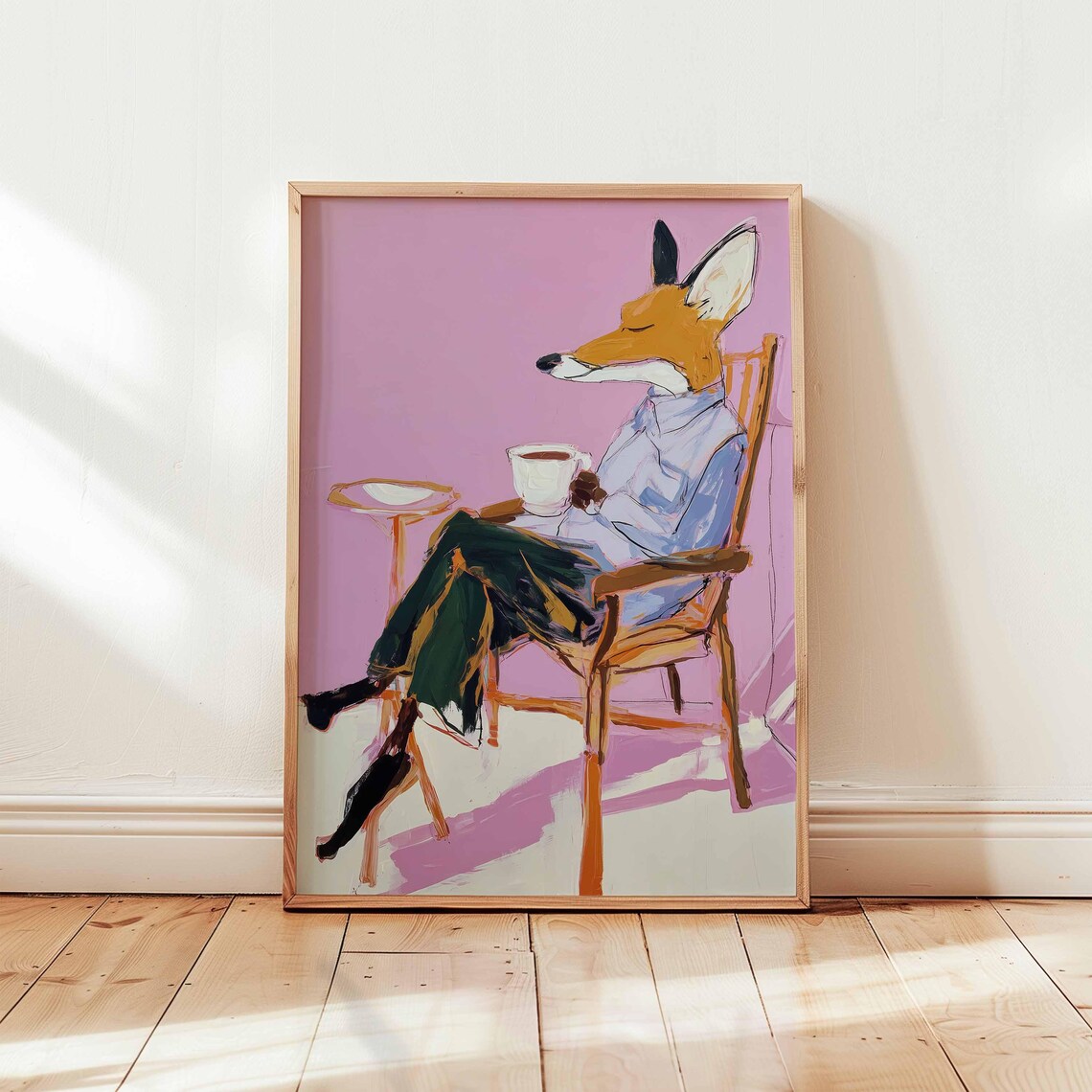Fox Drinking Coffee Art Print Quirky Animal Wall For Kitchen Modern Cafe Decor Whimsical Narrative