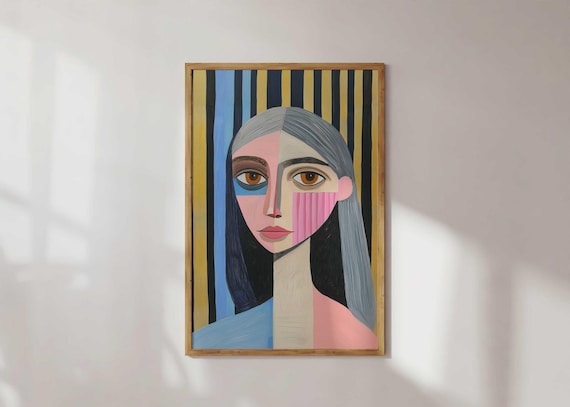 Abstract Woman Portrait Art Color Block Print Geometric Face Wall Modern Cubism