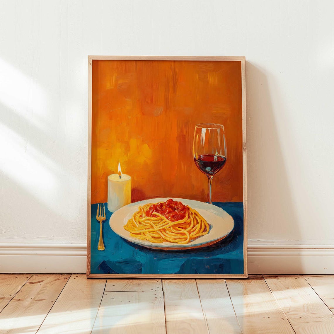 Candlelit Spaghetti and Red Wine Italian Dinner Painting Poster