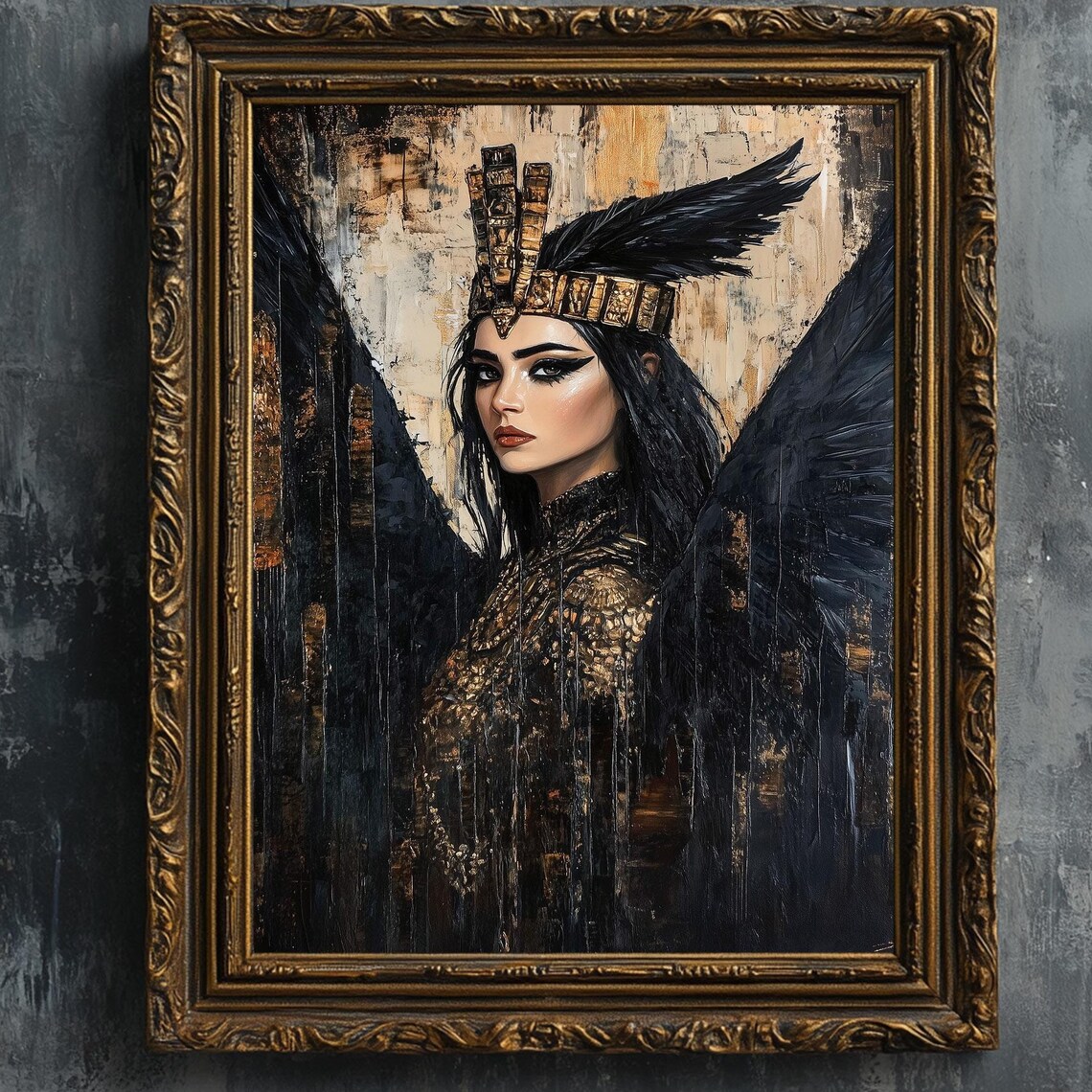 Beautiful Maat Egyptian Goddess Portrait Black Wings Gold Art Print
