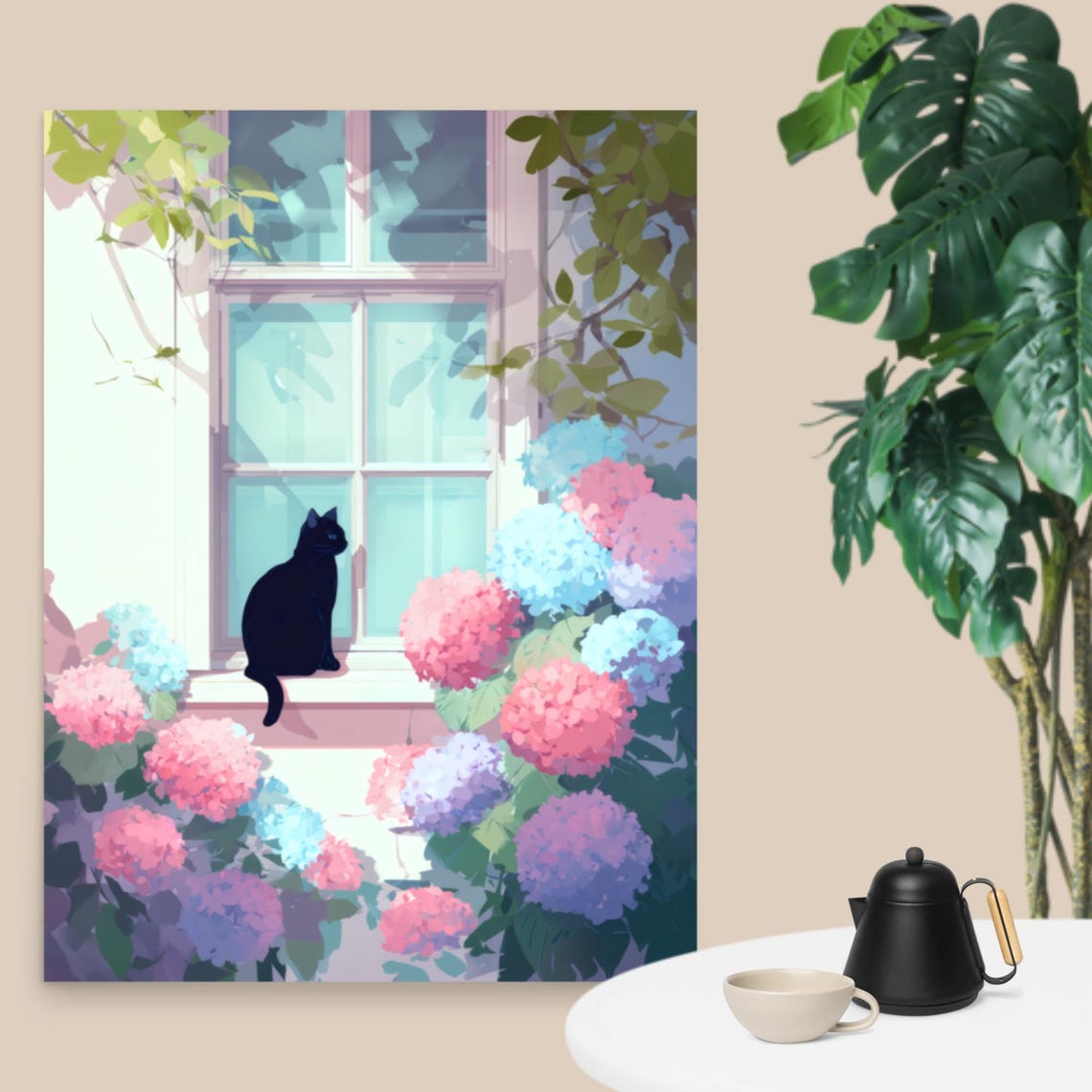 Black Cat Silhouette by Window Among Hydrangea Blooms Poster