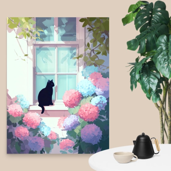 Black Cat Silhouette by Window Among Hydrangea Blooms Poster