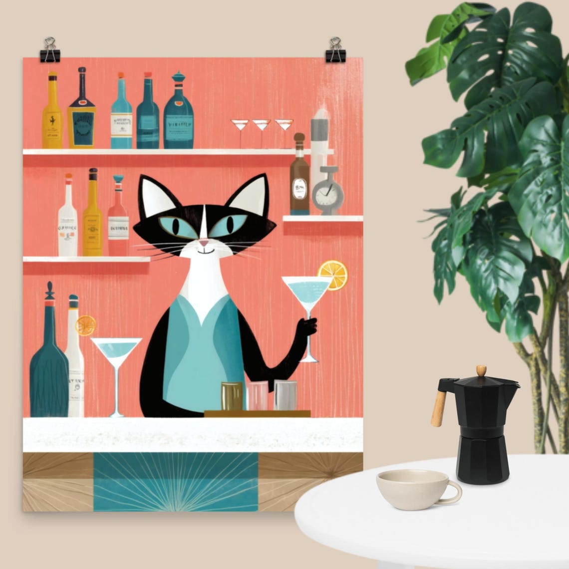 Atomic Cat Bartender Retro Midcentury Cocktail Bar Martini Poster
