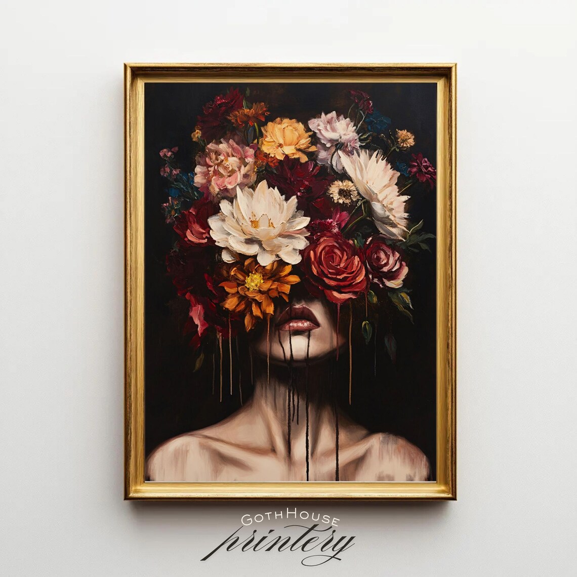 Surreal Floral Face Print, Eclectic Maximalist Art