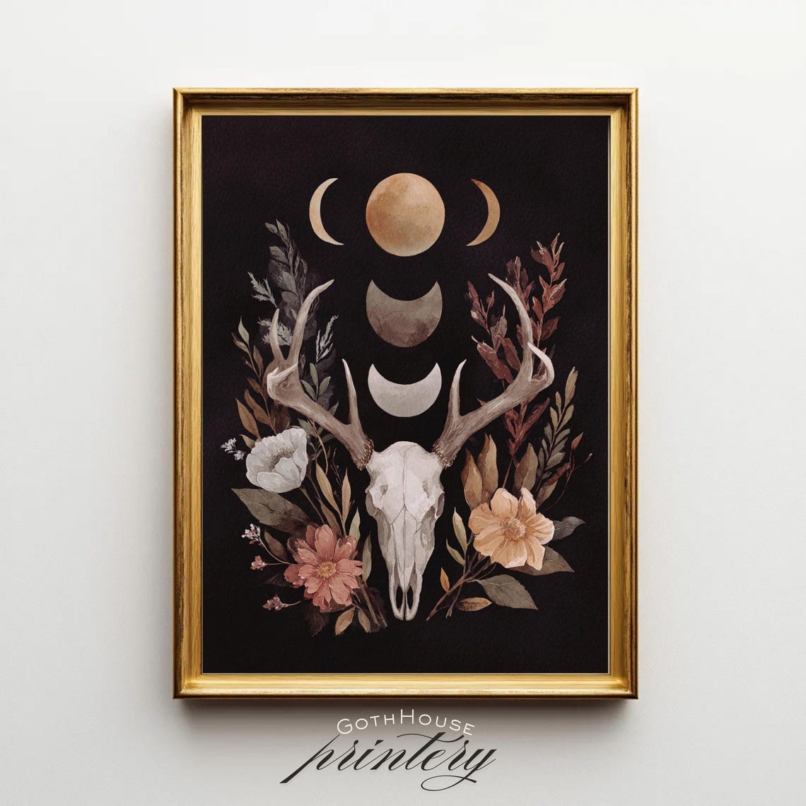 Deer Skull Antlers Moon Phases Botanical Witchy Floral Art Poster
