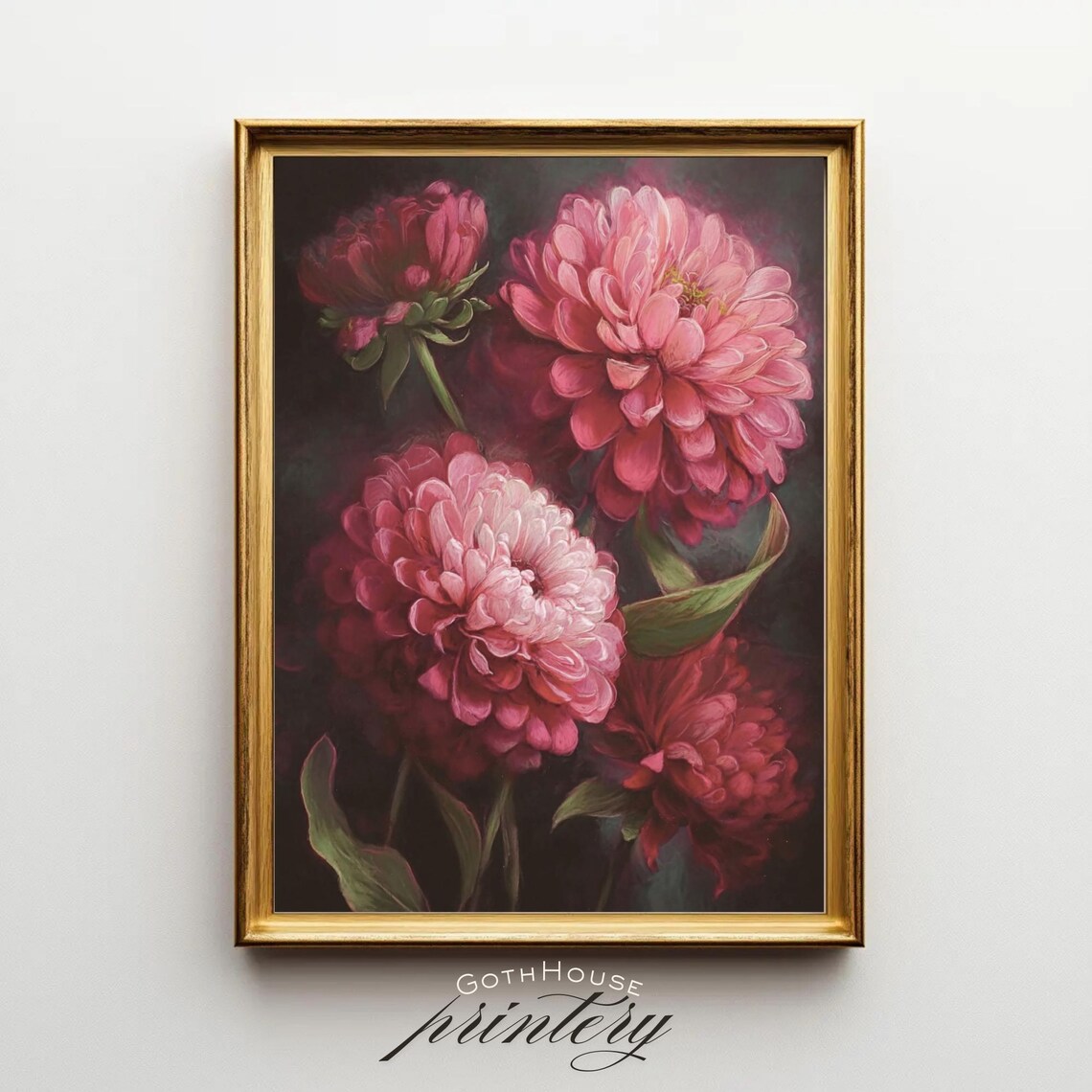 Moody Floral Zinnia Oil Painting, Gothic Botanical Art Print