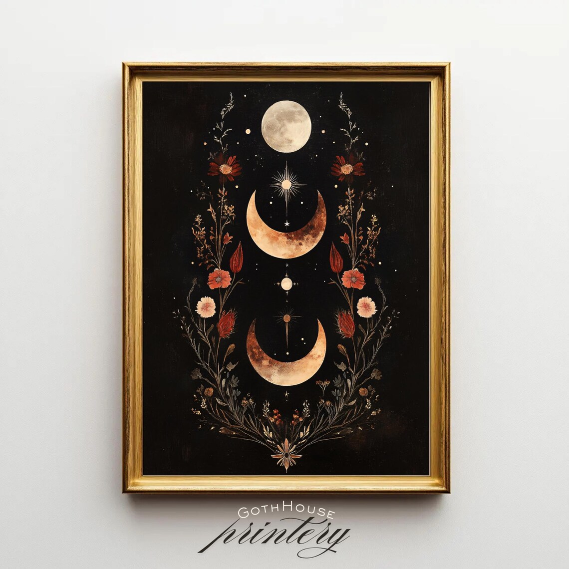 Moon Phase Botanical Poster, Celestial Witchy Boho