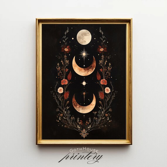 Moon Phase Botanical Poster, Celestial Witchy Boho