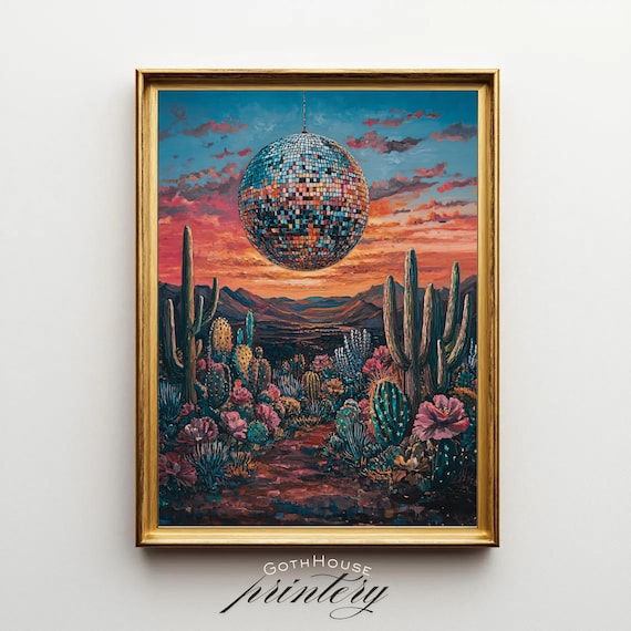 Disco Ball Over Desert Sunset Surreal Cactus Landscape Art Poster