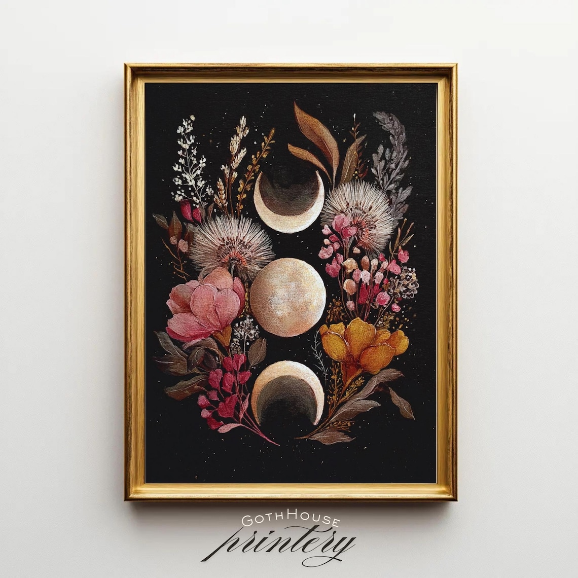 Triple Moon Goddess Botanical Lunar Phase Art Print