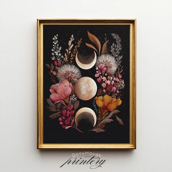 Triple Moon Goddess Botanical Lunar Phase Art Print