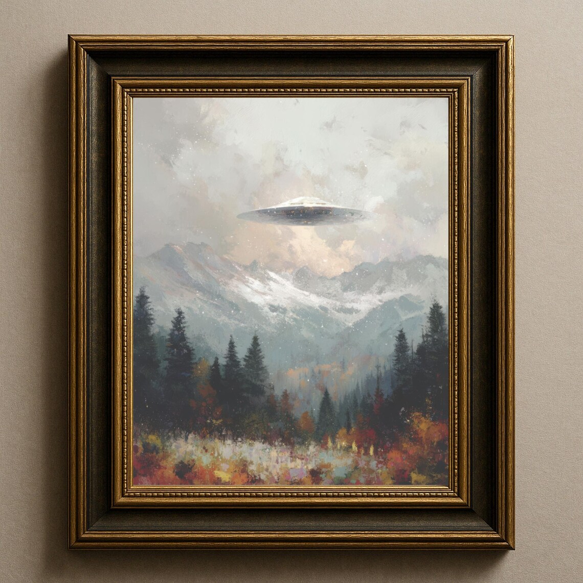 UFO Over Snowy Mountains Vintage Altered Landscape SciFi Painting Wall Art