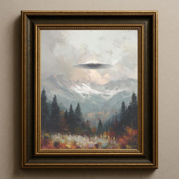 Ufo Landscape Art Print Scifi Mountain Painting Altered Vintage Decor Flying Saucer Wall