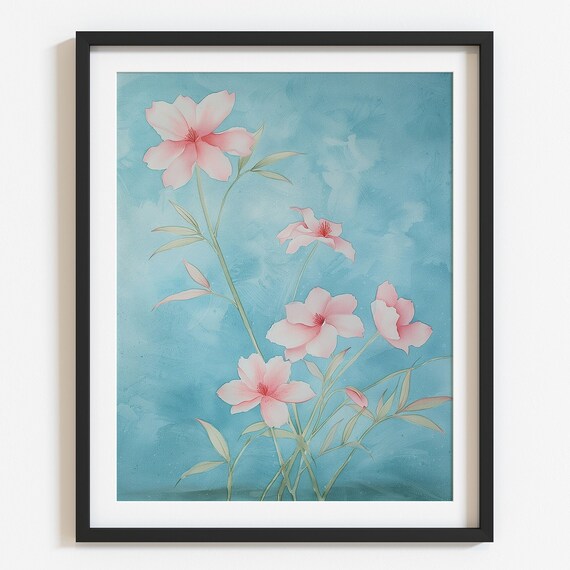 Pink Wildflower Painting Spring Watercolor Teal Floral Wall Art