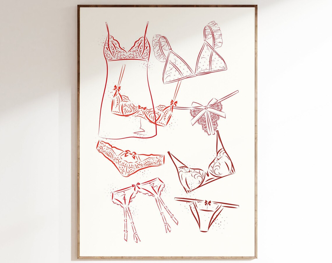 Red Lingerie Line Art Coquette Sleepwear Sketch Romantic Red Poster