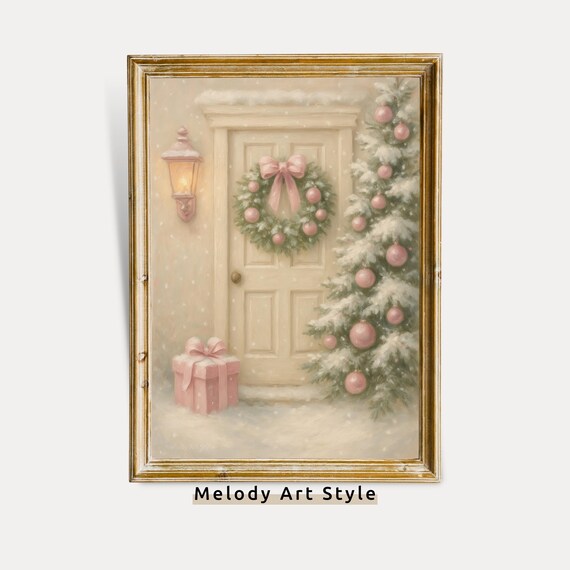 Pink Christmas Doorway With Wreath And Snowy Tree Holiday Poster