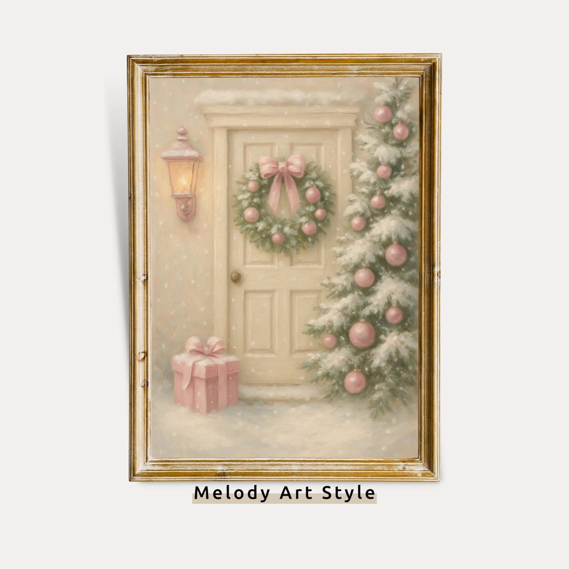 Pink Christmas Doorway With Wreath And Snowy Tree Holiday Poster