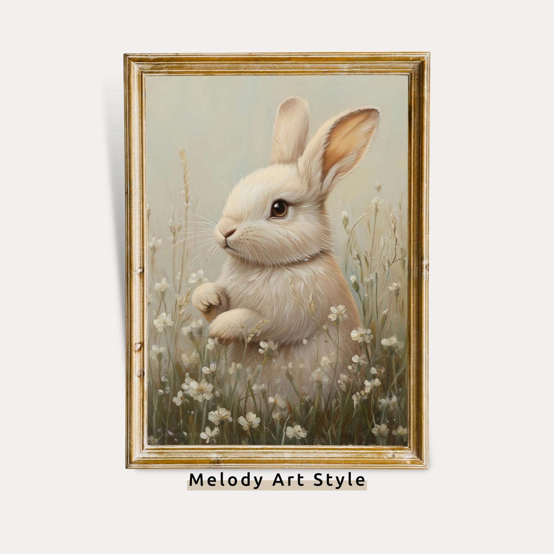 Sweet White Bunny In Wildflower Meadow Spring Pastel Art Poster