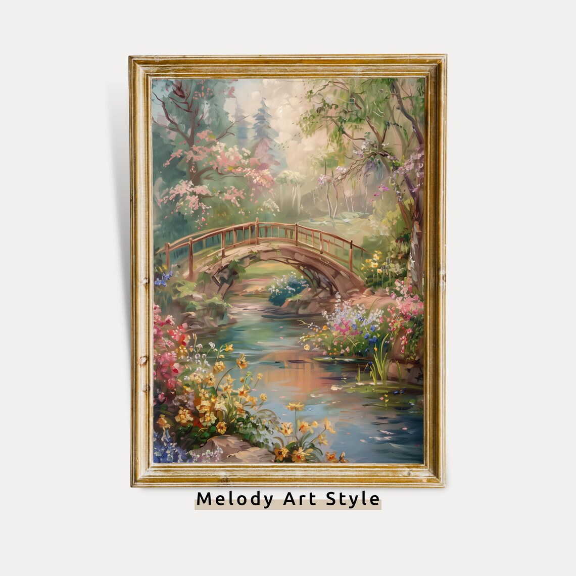 Flower Bridge Landscape Vintage Art Print, Spring Garden