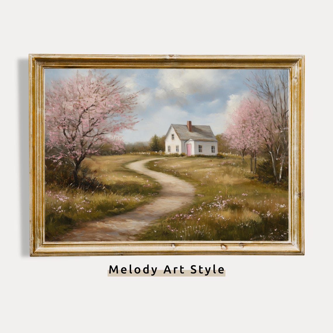 Cherry Blossom Cottage With Winding Path Spring Farmhouse Art Poster