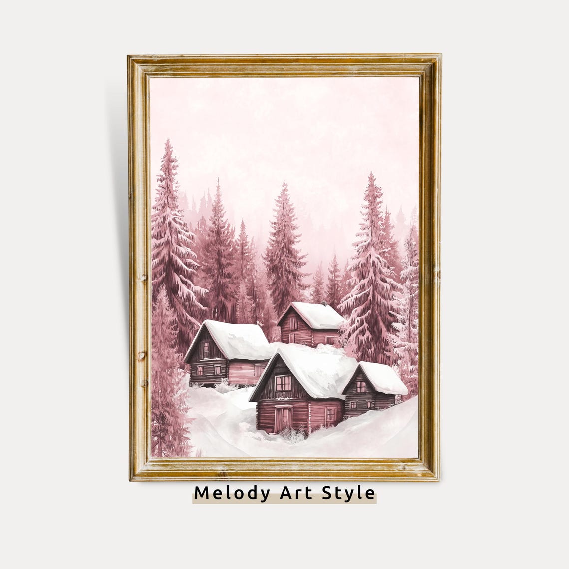 Pink Snowy Forest Log Cabins Winter Wonderland Holiday Wall Art Poster