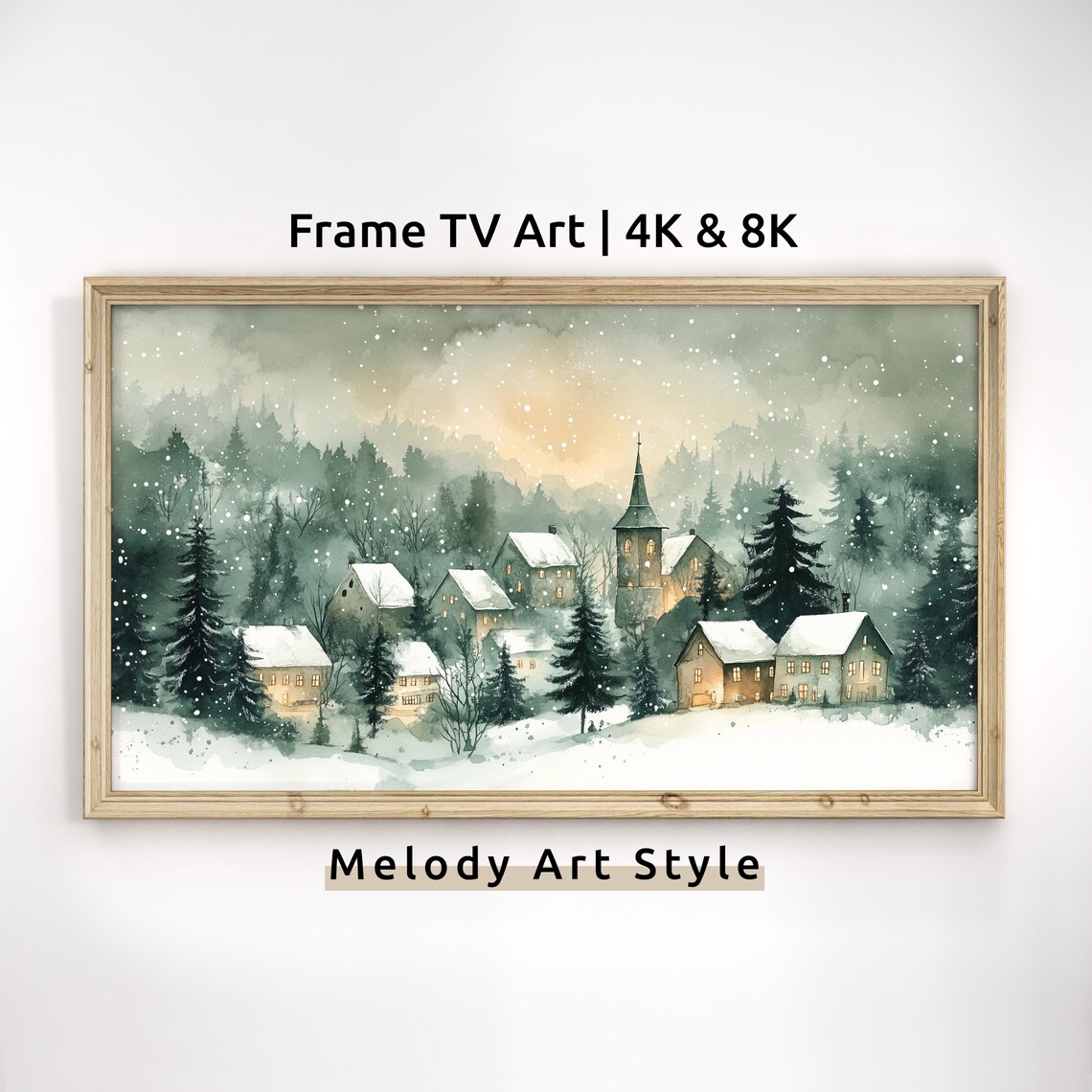 Snowy Christmas Village Watercolor Forest Church Lights Holiday Poster