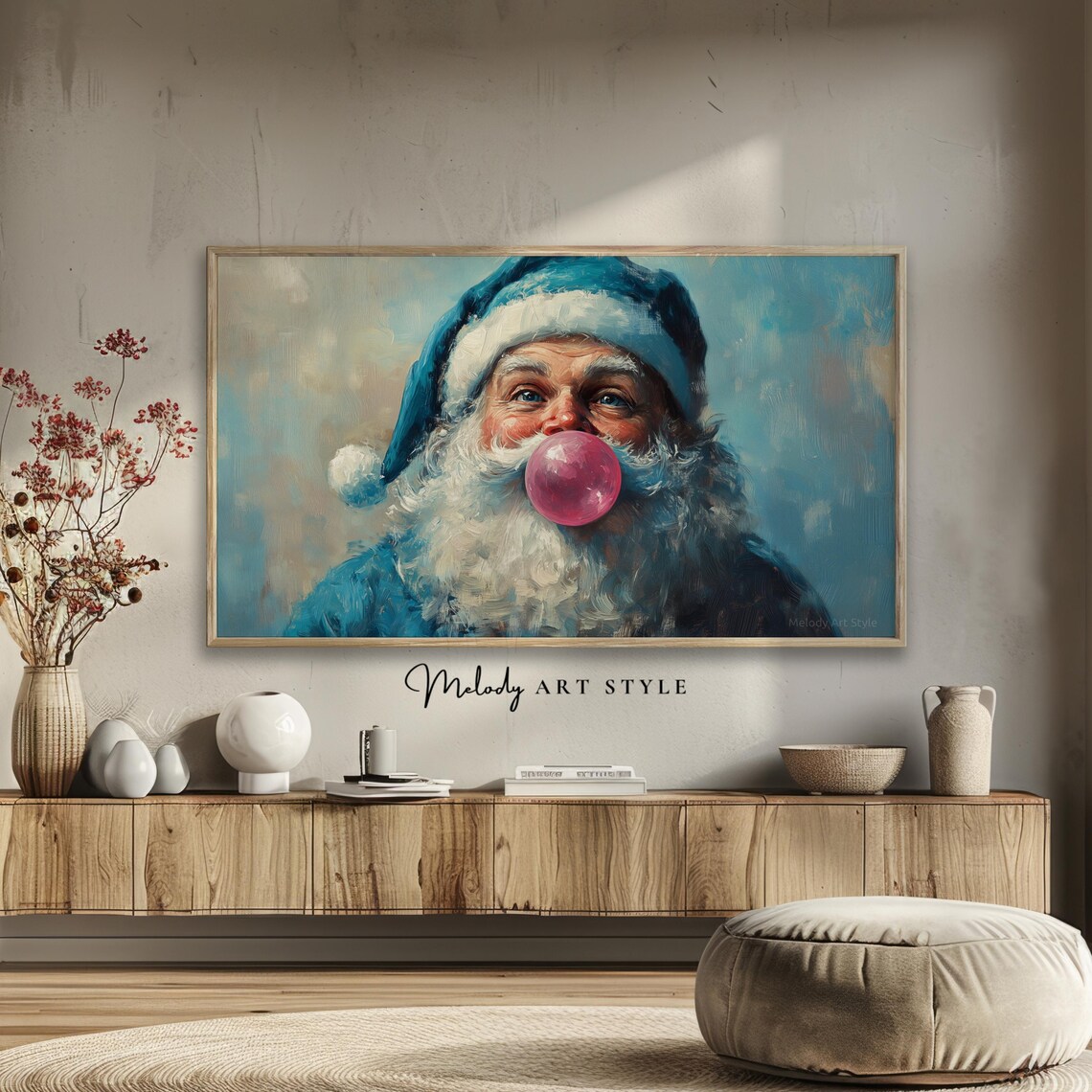 Blue Santa Claus Blowing Pink Bubble Gum Winter Oil Painting Poster - Image 2